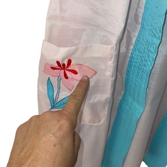 Lyre Bird Vintage Womens Robe Size Large Pink Floral Applique Short Belt Pockets - Picture 6 of 10